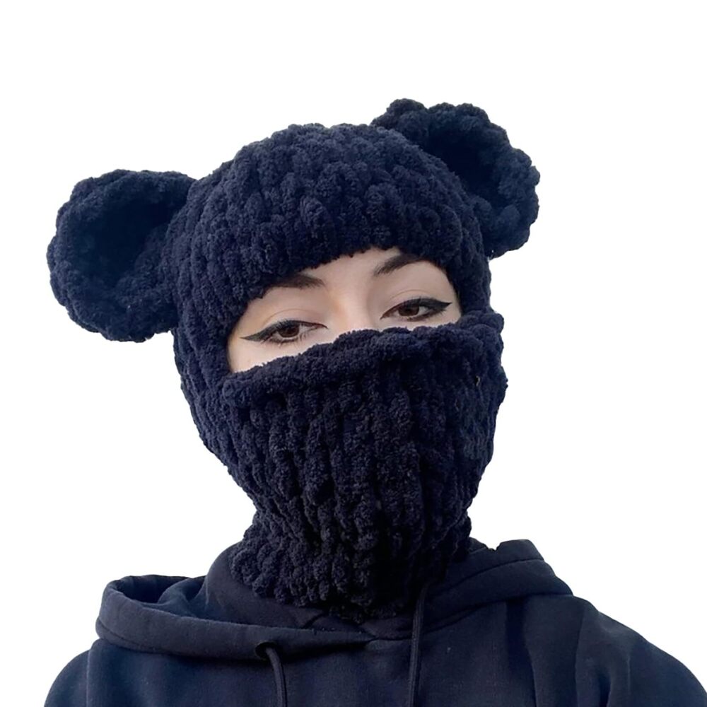 6809 Y2k Knit Balaclava Face Mask Bunny Ear Horn Ski Scarf Winter Warm Hat